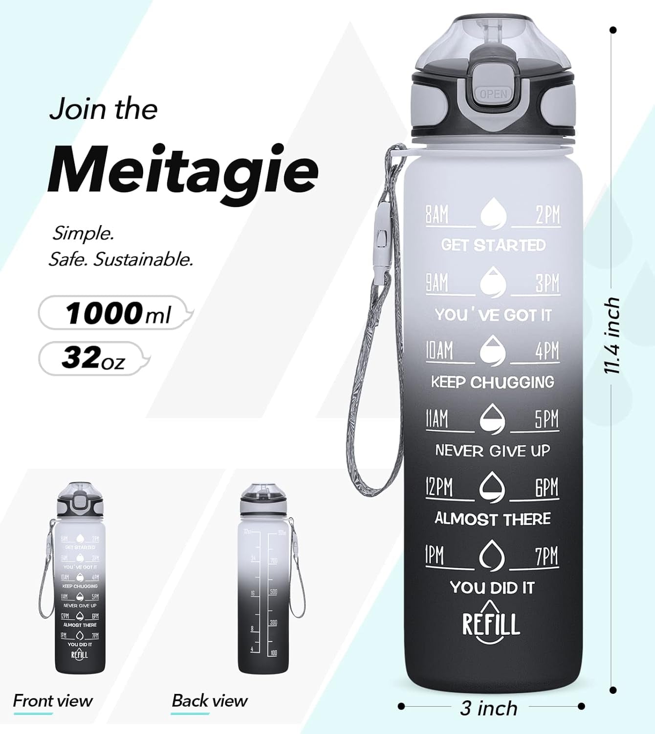 Water Bottle 32Oz with Straw, Motivational Water Bottle with Time Marker & Buckle Strap,Leak-Proof Tritan Bpa-Free, Ensure You Drink Enough Water for Fitness, Gym, Camping, Outdoor Sports