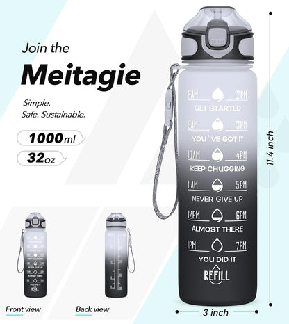 Water Bottle 32Oz with Straw, Motivational Water Bottle with Time Marker & Buckle Strap,Leak-Proof Tritan Bpa-Free, Ensure You Drink Enough Water for Fitness, Gym, Camping, Outdoor Sports