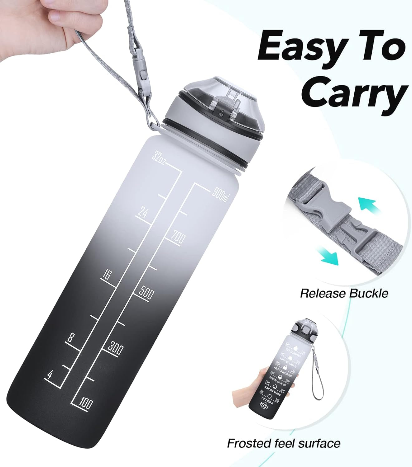 Water Bottle 32Oz with Straw, Motivational Water Bottle with Time Marker & Buckle Strap,Leak-Proof Tritan Bpa-Free, Ensure You Drink Enough Water for Fitness, Gym, Camping, Outdoor Sports
