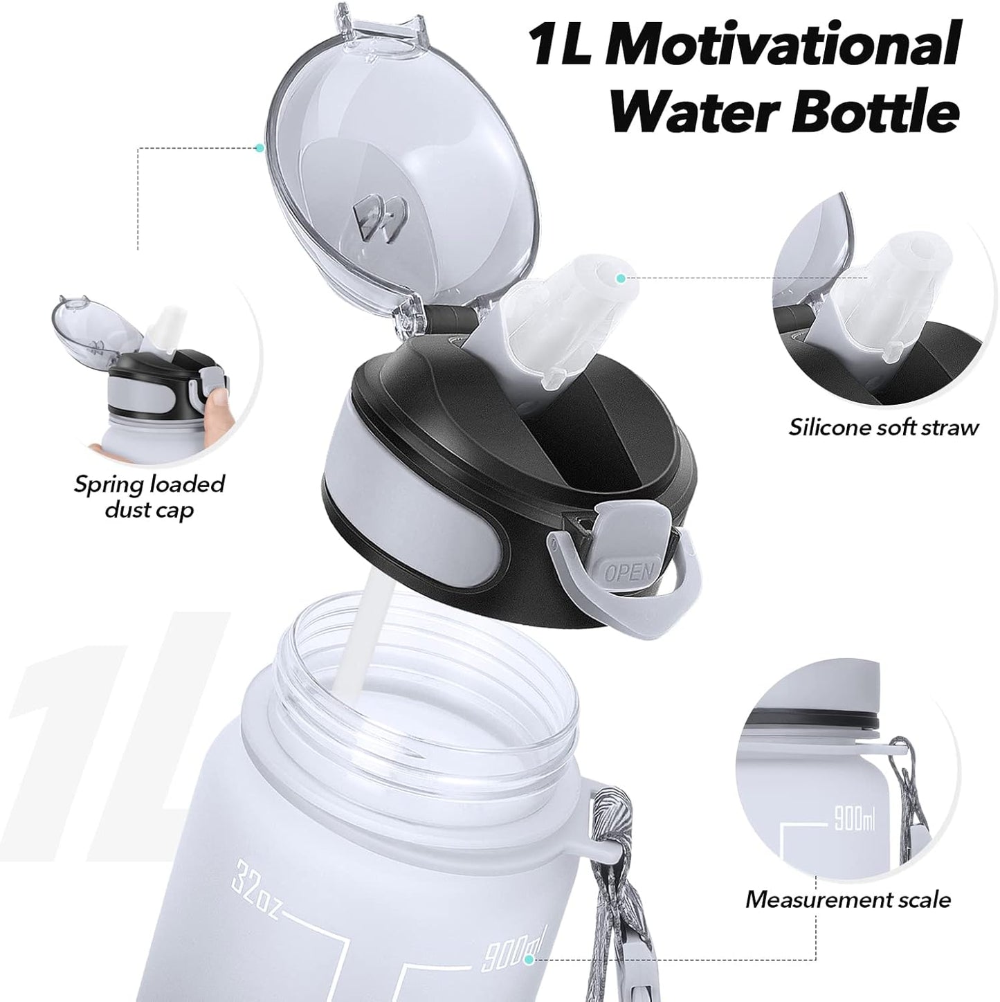 Water Bottle 32Oz with Straw, Motivational Water Bottle with Time Marker & Buckle Strap,Leak-Proof Tritan Bpa-Free, Ensure You Drink Enough Water for Fitness, Gym, Camping, Outdoor Sports