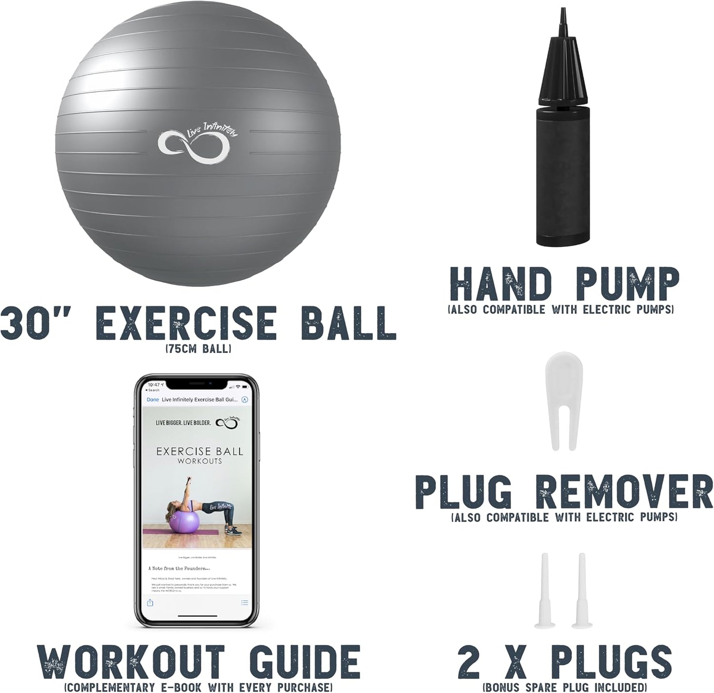 Exercise Ball (55Cm-95Cm) Extra Thick Professional Grade Balance & Stability Ball- anti Burst Tested Supports 2200Lbs- Includes Hand Pump & Workout Guide Access