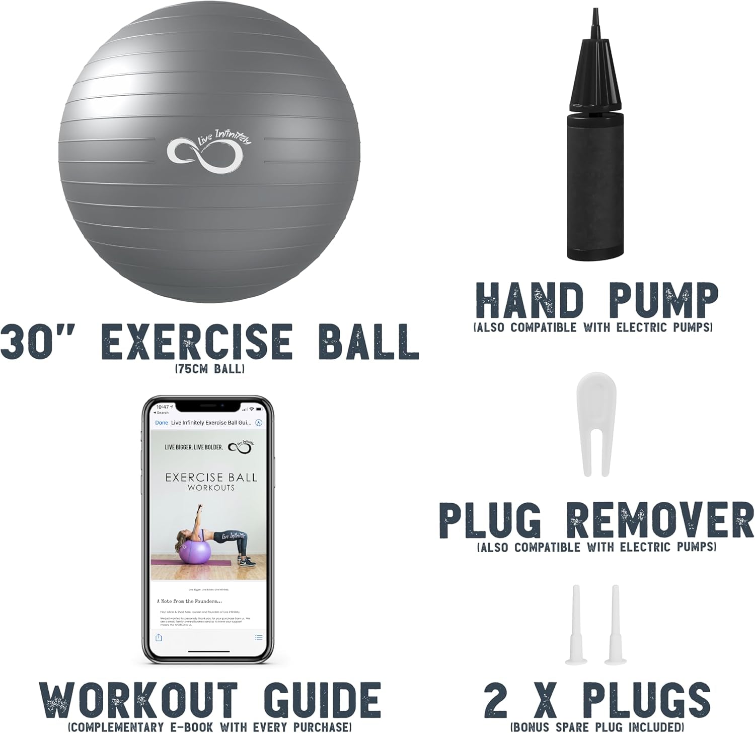 Exercise Ball (55Cm-95Cm) Extra Thick Professional Grade Balance & Stability Ball- anti Burst Tested Supports 2200Lbs- Includes Hand Pump & Workout Guide Access