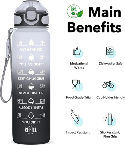 Water Bottle 32Oz with Straw, Motivational Water Bottle with Time Marker & Buckle Strap,Leak-Proof Tritan Bpa-Free, Ensure You Drink Enough Water for Fitness, Gym, Camping, Outdoor Sports