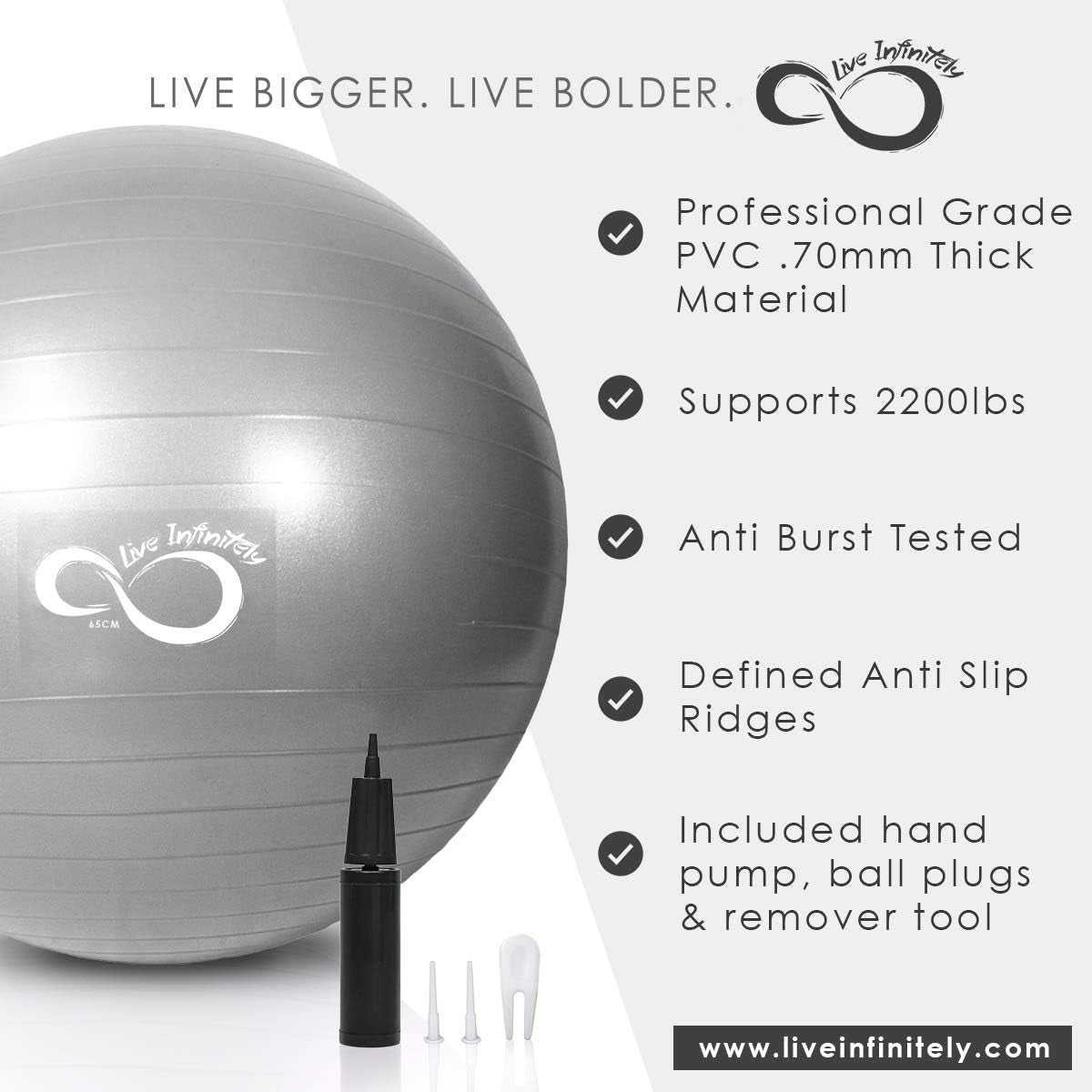 Exercise Ball (55Cm-95Cm) Extra Thick Professional Grade Balance & Stability Ball- anti Burst Tested Supports 2200Lbs- Includes Hand Pump & Workout Guide Access