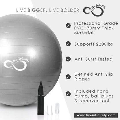 Exercise Ball (55Cm-95Cm) Extra Thick Professional Grade Balance & Stability Ball- anti Burst Tested Supports 2200Lbs- Includes Hand Pump & Workout Guide Access